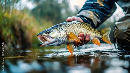 Fisherman proudly holds a large, vibrant trout caught in a serene river at dawn photo