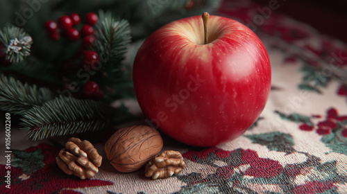 Festive Red Apple and Walnuts on Decorative Tablecloth – Holiday Close-Up with Rich Colors and Seasonal Décor for Warm Festive Ambiance