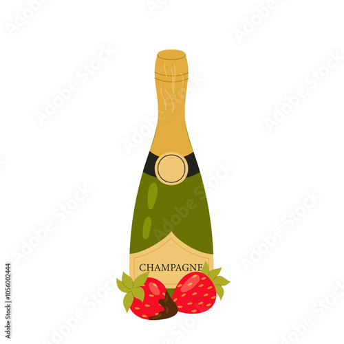 Champagne bottle with ripe strawberries. Alcoholic drink for a romantic evening, celebration, birthday, wedding. Flat illustration on a white background.