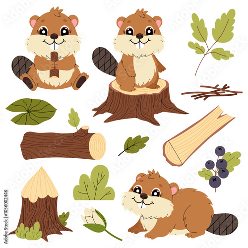 Beaver. A set of cartoon illustration of a cute rodent. Wild Animals. Tree, log, stump. Flat illustration on white background for kids.