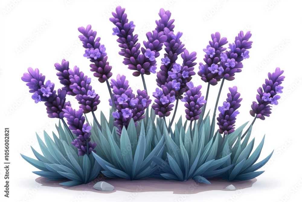 Fototapeta premium Lavender Bush with Purple Flowers and Green Leaves Isolated on White Background