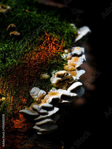 Forest tree white-brown mushroom on mossy tree trunk with orange hues nearby