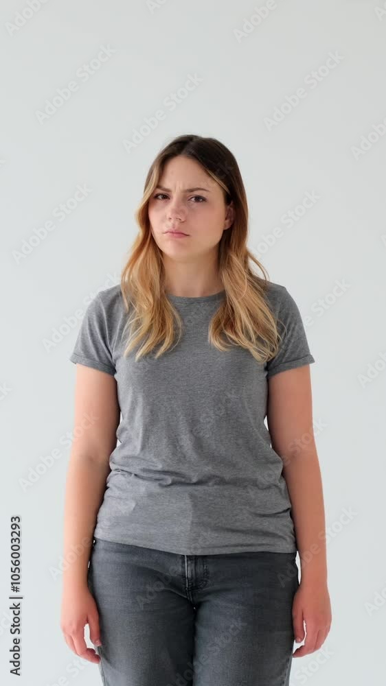 Displeased young adult woman shaking head in denial and disagreement, standing on white background. Symbol of prohibition Vertical video. Displeased young adult woman shaking head in denial and disagreement, standing on white background. Symbol of prohibition Vertical video.
