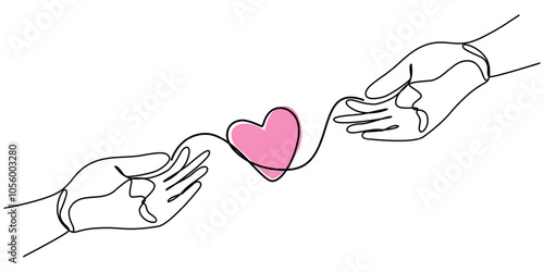 Continuous line vector illustration of two hands with heart barely touching one another. Simple sketch of two hands made of one line, love concept,  Continuous Line Drawing of Care Icon. Hand Drawn.