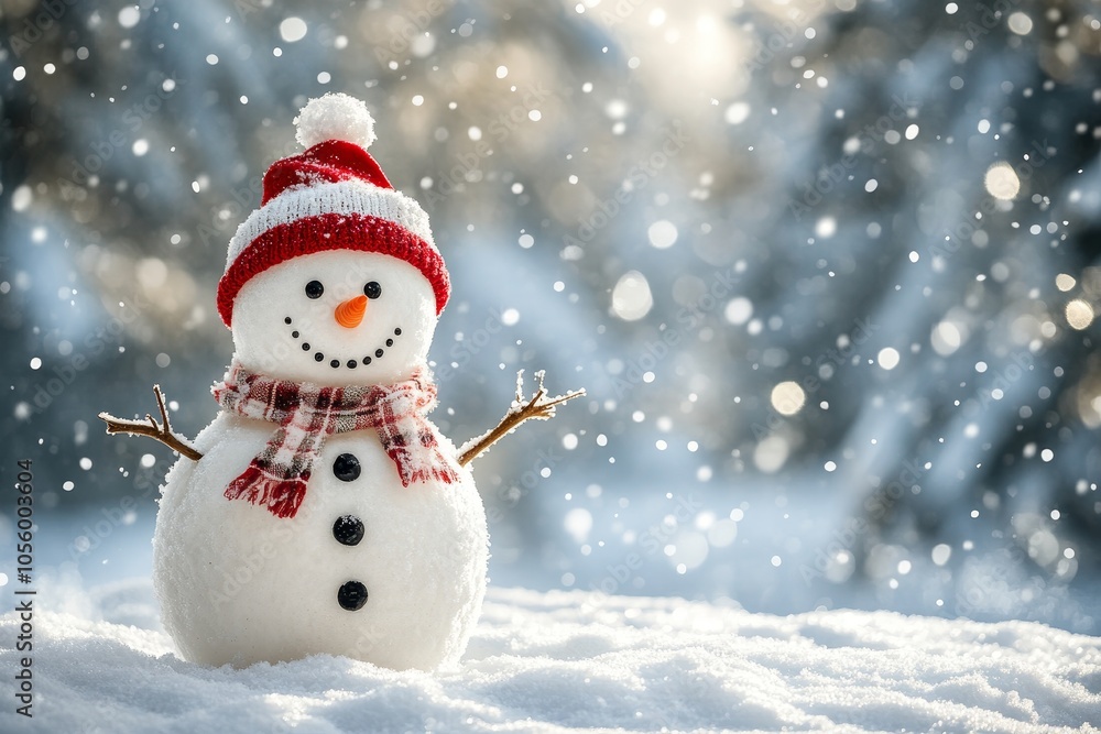Charming christmas and new year s greeting card showcasing a joyful snowman in a snowy landscape Charming christmas and new year s greeting card showcasing a joyful snowman in a snowy landscape