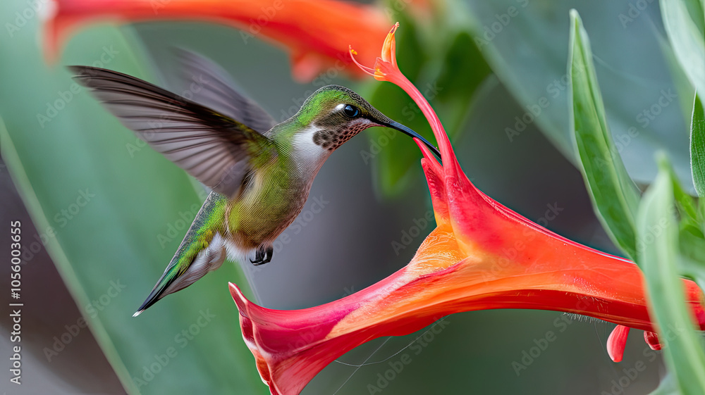 Naklejka premium A vibrant hummingbird, showcasing its iridescent green feathers, hovers delicately near a bright red flower, creating a stunning contrast in this lush garden setting.