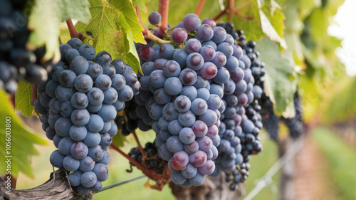 Wallpaper Mural A close-up of ripe blue and purple grapes hanging in a lush vineyard, surrounded by vibrant green leaves, showcasing the beauty of nature's harvest. Torontodigital.ca
