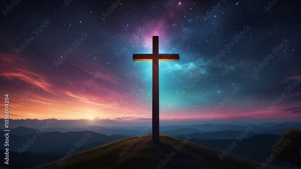 Watercolor painting of cross under the starry night sky Watercolor painting of cross under the starry night sky