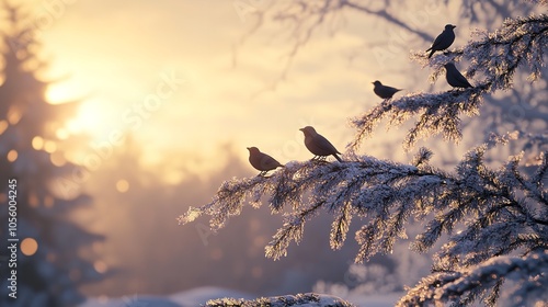 Winter Landscape with Birds on Fir Tree Branch photo