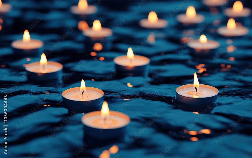 Floating candles illuminate a serene water surface, creating a tranquil and peaceful ambiance. Floating candles illuminate a serene water surface, creating a tranquil and peaceful ambiance.