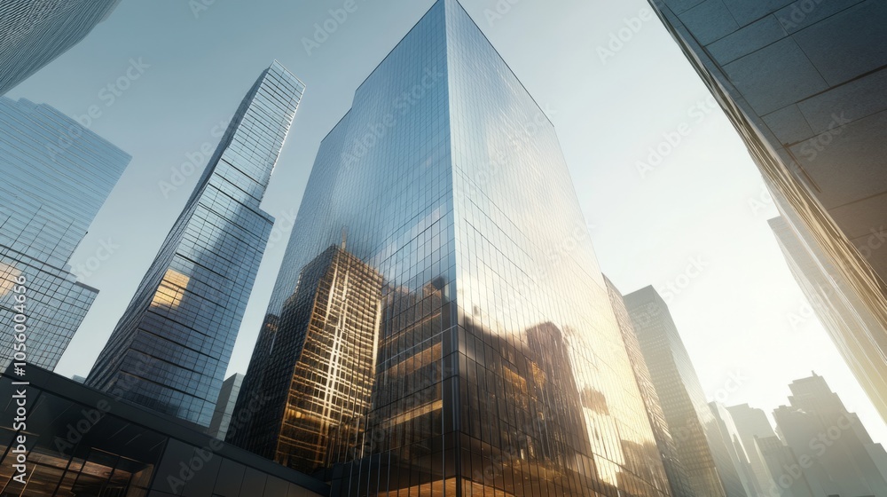 Fototapeta premium A city skyline with a large glass building in the middle
