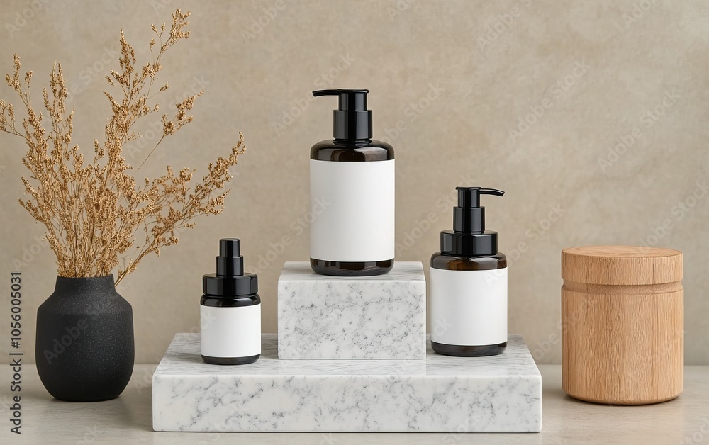 A serene display of skincare bottles on marble, accompanied by a dark vase and wooden container, emphasizing natural beauty and minimalism. A serene display of skincare bottles on marble, accompanied by a dark vase and wooden container, emphasizing natural beauty and minimalism.
