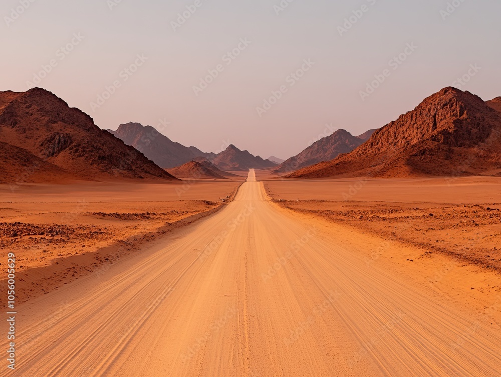 A vast, dusty road stretches through arid mountains under a soft, warm sky, embodying the serenity and isolation of the desert landscape. A vast, dusty road stretches through arid mountains under a soft, warm sky, embodying the serenity and isolation of the desert landscape.