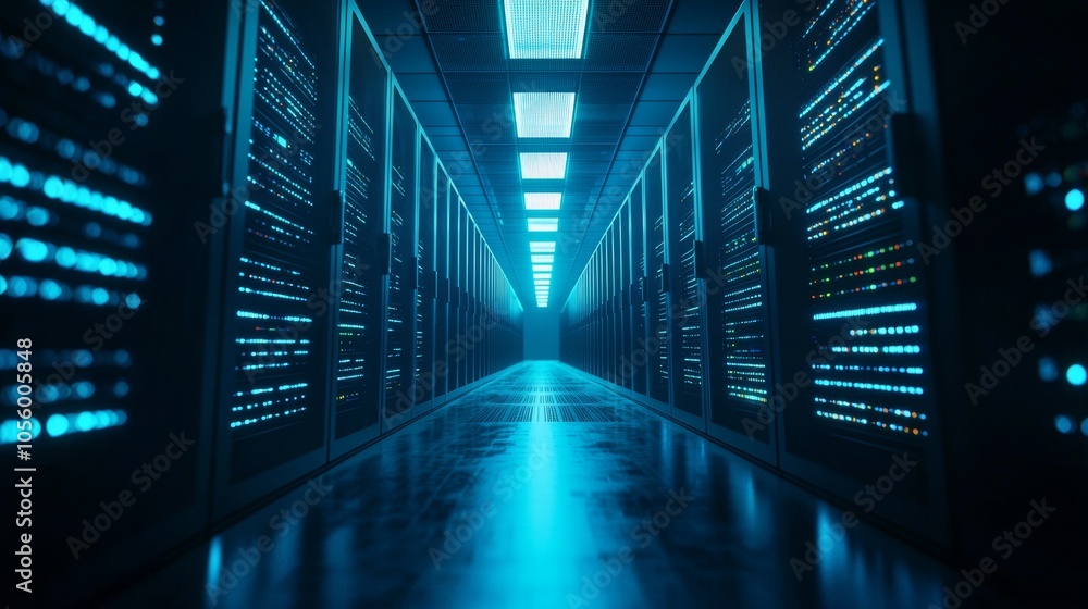Fototapeta premium Brightly lit data servers in a futuristic hallway
