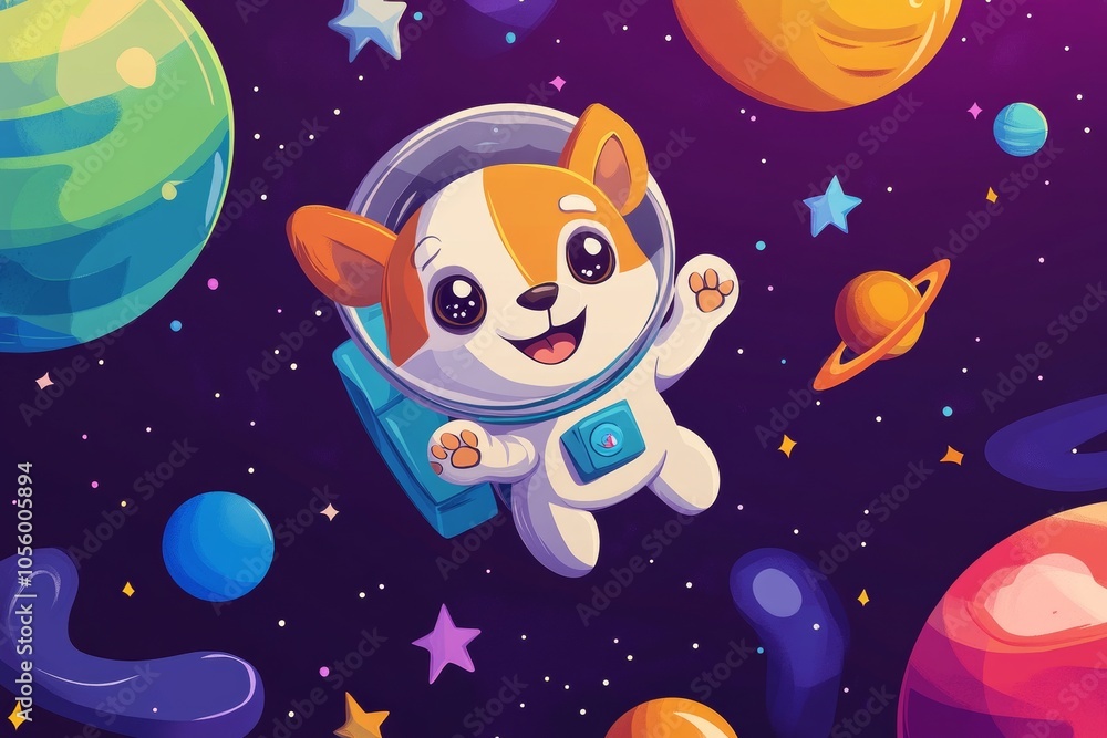 Fototapeta premium Cartoon illustration of a dog astronaut exploring colorful planets and stars in outer space