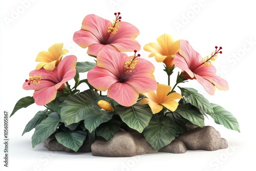 Pink and Yellow Hibiscus Flowers with Green Leaves and Rocks