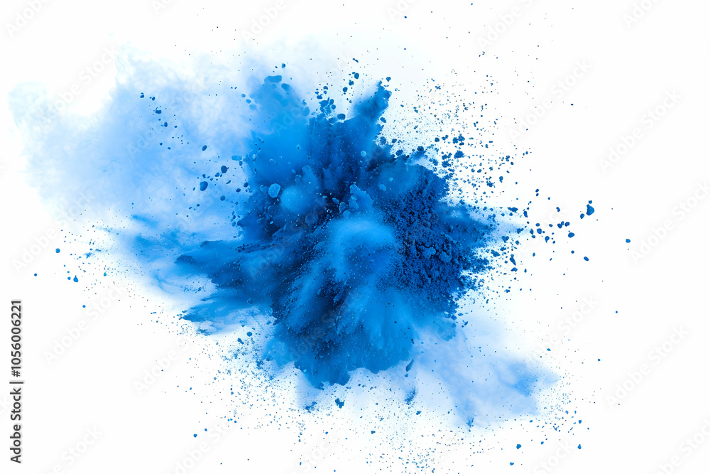 Blue powder explosion on a white background, with a splash of blue color and a white space in the center of the image Blue powder explosion on a white background, with a splash of blue color and a white space in the center of the image