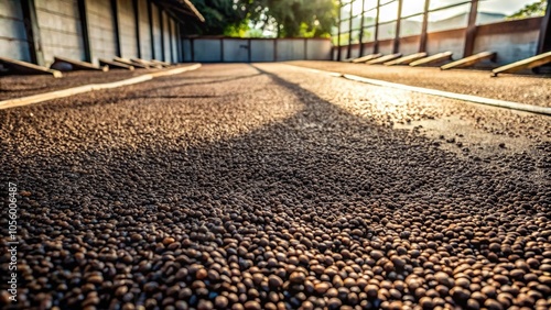 Silhouetted coffee bean berries drying naturally on cement ground floor