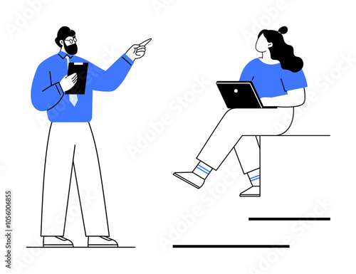 Businessman pointing with clipboard while colleague sits with laptop. Ideal for teamwork, collaboration, office meetings, project planning, presentations, leadership, education. Line metaphor
