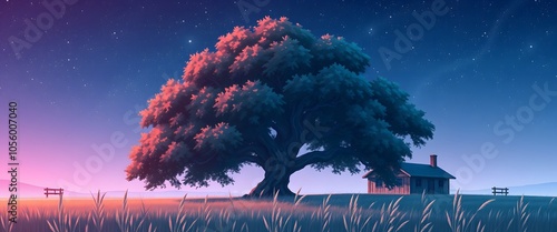 Serene sunset tree with rustic cottage