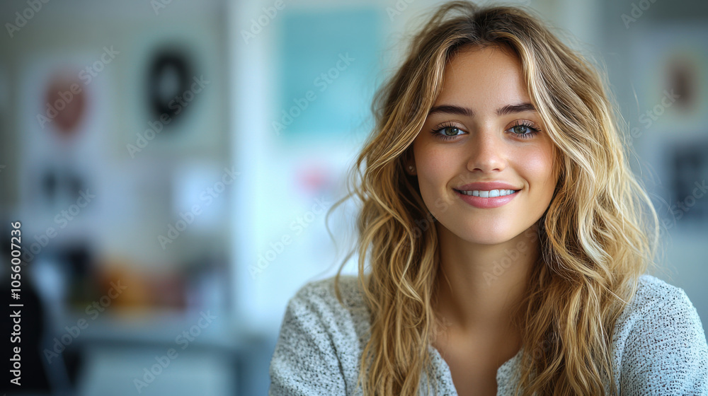 A young woman with wavy hair smiles warmly in a bright, modern office environment during daylight hours A young woman with wavy hair smiles warmly in a bright, modern office environment during daylight hours
