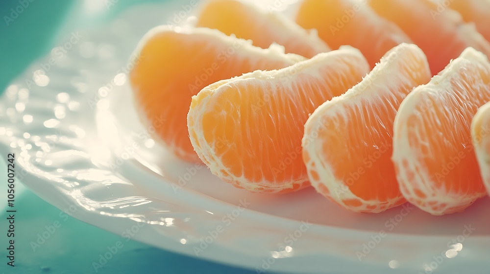 A close-up of juicy orange segments arranged on a white ceramic plate A close-up of juicy orange segments arranged on a white ceramic plate
