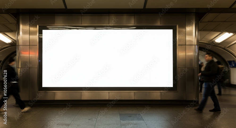 Commuters stroll by a large, empty digital display in a busy subway ...