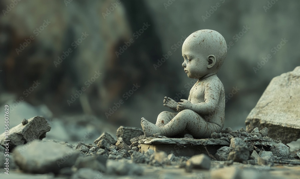 Obraz premium A weathered doll sits on rubble.