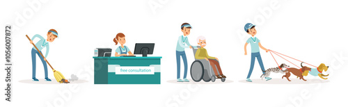 People Volunteer Character Engaged in Social Work Vector Set