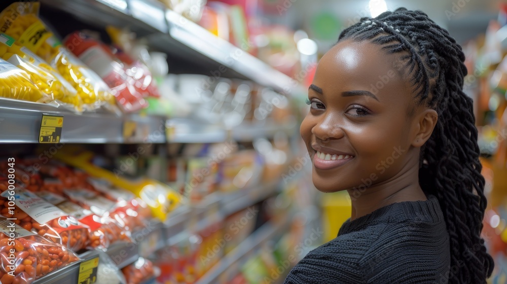 A young woman smiles at the camera while shopping in a supermarket aisle. A young woman smiles at the camera while shopping in a supermarket aisle.