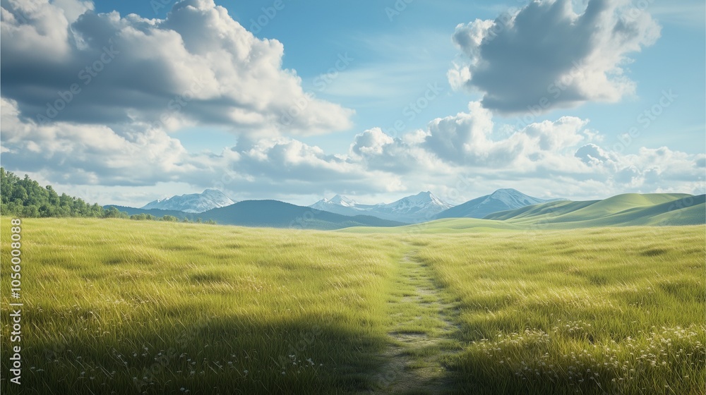 Obraz premium Landscapes heath greenery grassy meadow leading to distant mountains, clouds casting shadows over the landscape, natural textures.