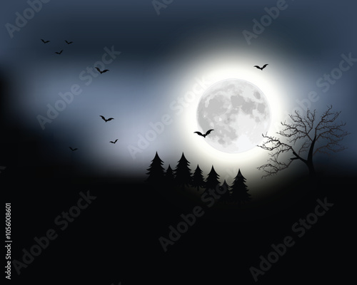 Halloween spooky black vector scenery background. Night image of full moon and bats and castle in the distance. Black and white scary Halloween illustration.