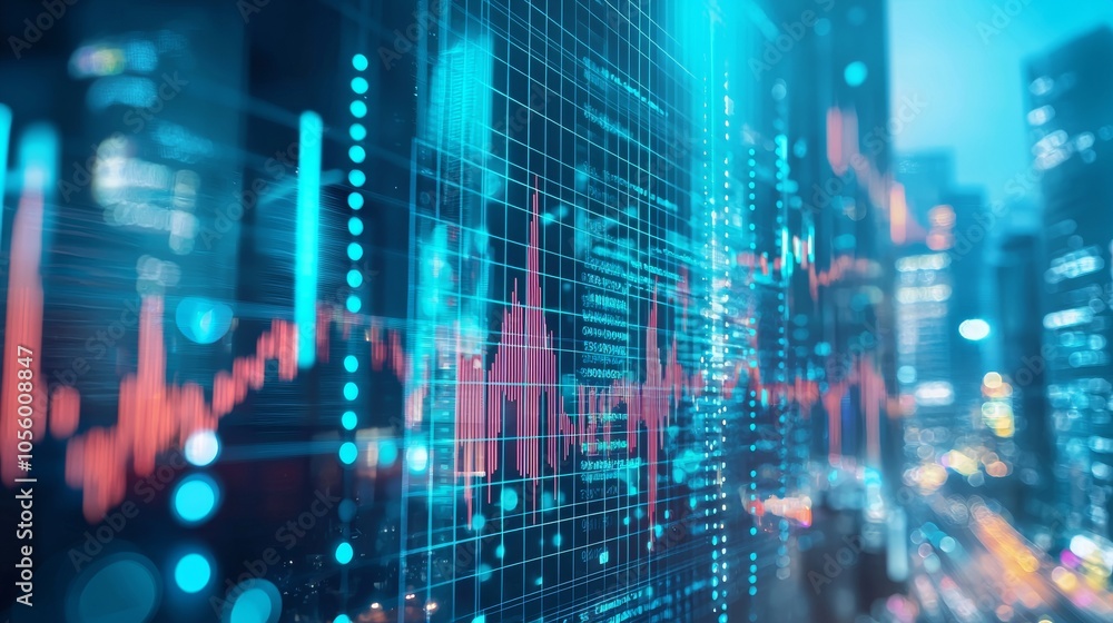 Cityscape and financial graphs overlaying digital screens Cityscape and financial graphs overlaying digital screens