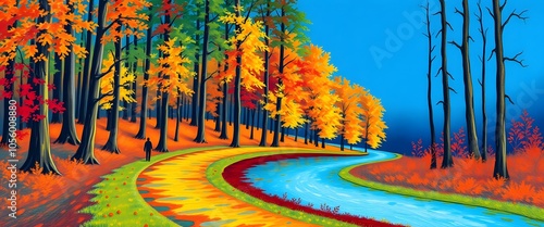 Autumn forest path and serene river