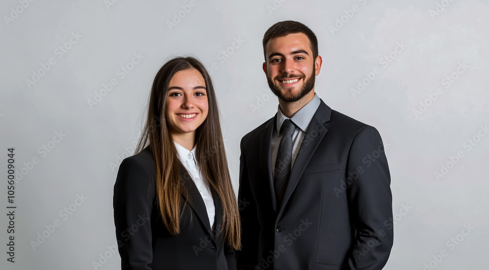 Two professional young people in business attire, standing side by side and smiling at the camera Two professional young people in business attire, standing side by side and smiling at the camera