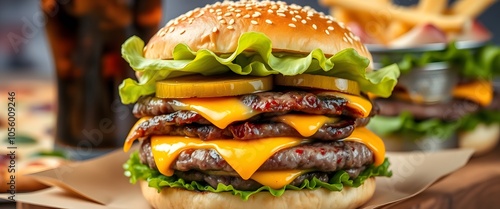 Delicious double cheeseburger with bacon and lettuce