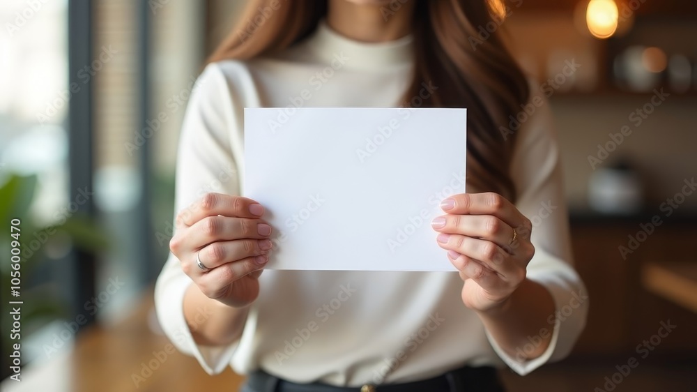 girl hands holding small white sheet for text in front of camera while sitting in coffee shop girl hands holding small white sheet for text in front of camera while sitting in coffee shop