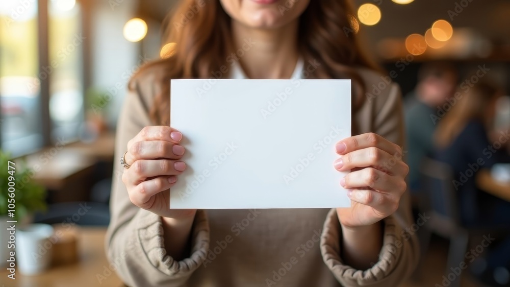 girl hands holding small white sheet for text in front of camera while sitting in coffee shop girl hands holding small white sheet for text in front of camera while sitting in coffee shop