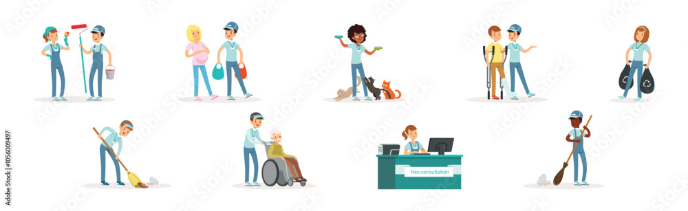 People Volunteer Character Engaged in Social Work Vector Set People Volunteer Character Engaged in Social Work Vector Set