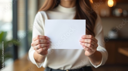 girl hands holding small white sheet for text in front of camera while sitting in coffee shop