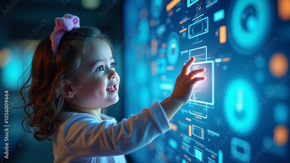 A Young Girl Interacts With a Vibrant Digital Display in a Tech-Inspired Environment During the Afternoon Hours A Young Girl Interacts With a Vibrant Digital Display in a Tech-Inspired Environment During the Afternoon Hours