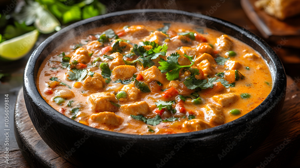 Delicious Creamy Thai Coconut Curry Soup with Chicken and Vegetables Served in a Stylish Kitchen with Inviting Aromas Delicious Creamy Thai Coconut Curry Soup with Chicken and Vegetables Served in a Stylish Kitchen with Inviting Aromas