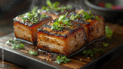 An Enticing Close-Up of Sizzling Roasted Pork Belly with Crackling Skin on a Natural Wooden Surface