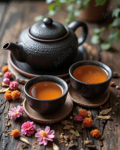 Black teapot with cups of tea on a rustic wooden surface, surrounded by colorful dried flowers and herbs.