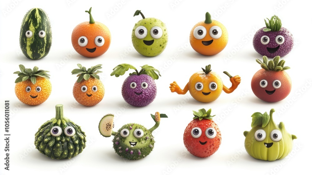 Adorable cartoon vegetable and fruit characters with big eyes and smiles, set in a playful arrangement on a white background. Adorable cartoon vegetable and fruit characters with big eyes and smiles, set in a playful arrangement on a white background.