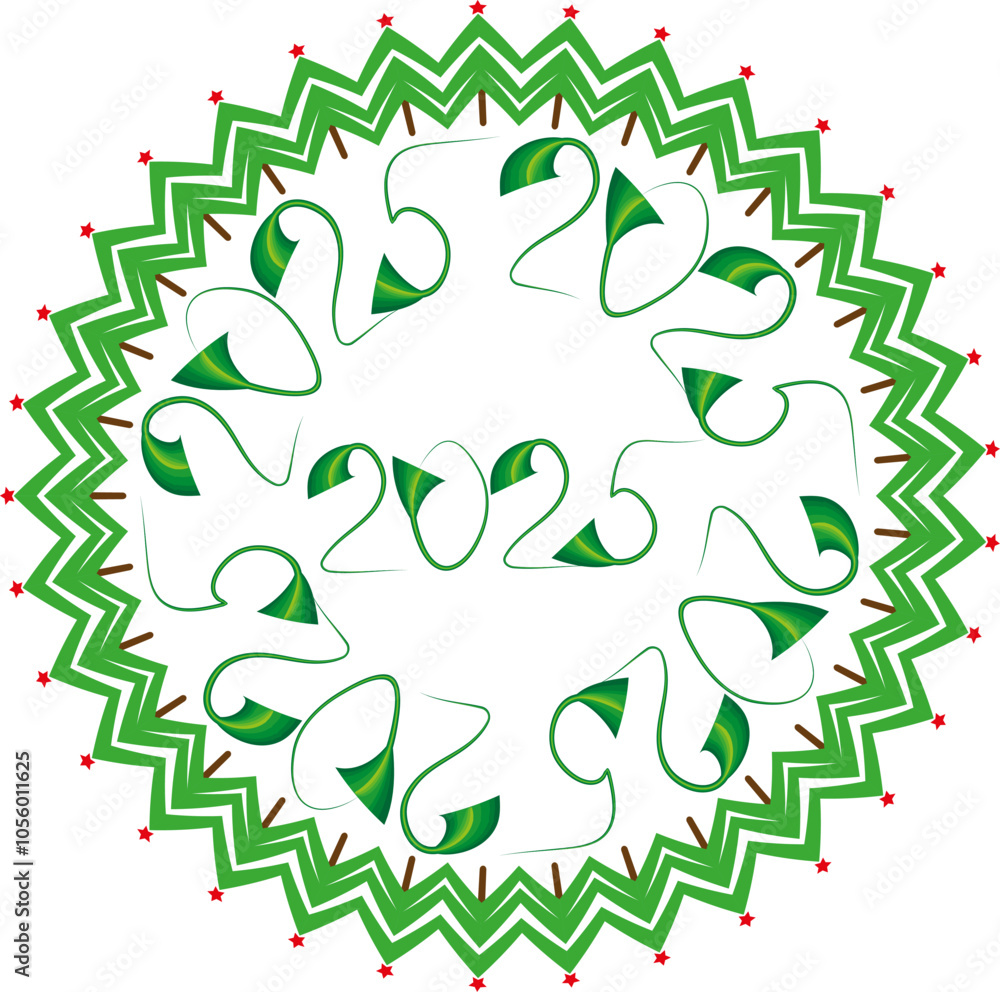 Vector figure of green stylized Christmas trees with red stars on their tops. Numbers 2025, made with an author's brush. For the design of postcards, printing on clothes, invitations, websites. Vector figure of green stylized Christmas trees with red stars on their tops. Numbers 2025, made with an author's brush. For the design of postcards, printing on clothes, invitations, websites.
