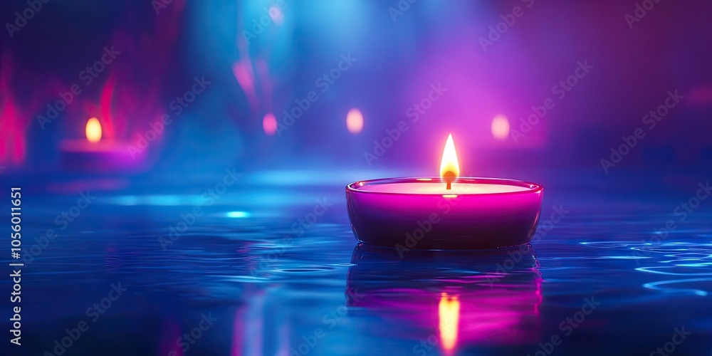 Glowing lit tea candles reflecting on a serene blue surface, creating a tranquil ambiance Glowing lit tea candles reflecting on a serene blue surface, creating a tranquil ambiance