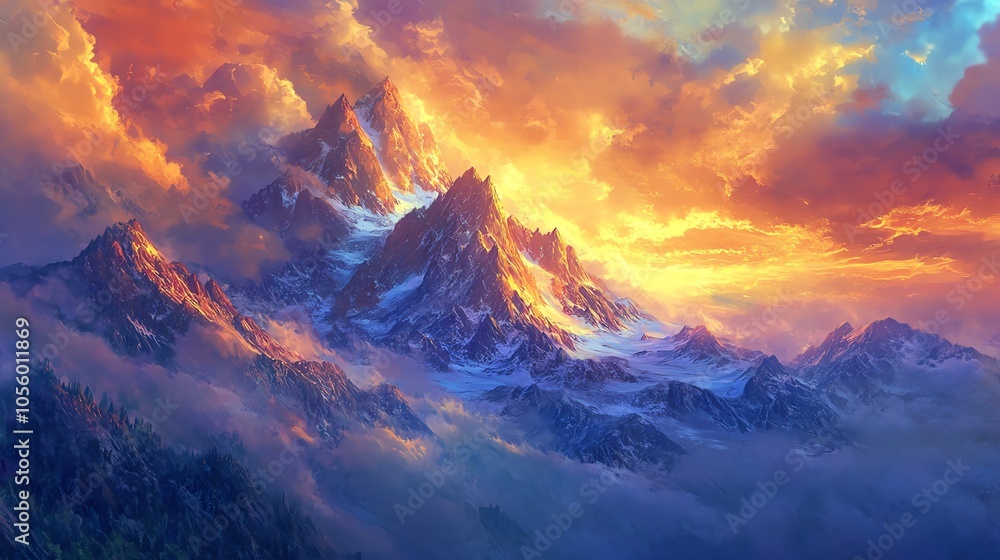 Vivid mountain sunset, colorful sky display Vivid mountain sunset, colorful sky display