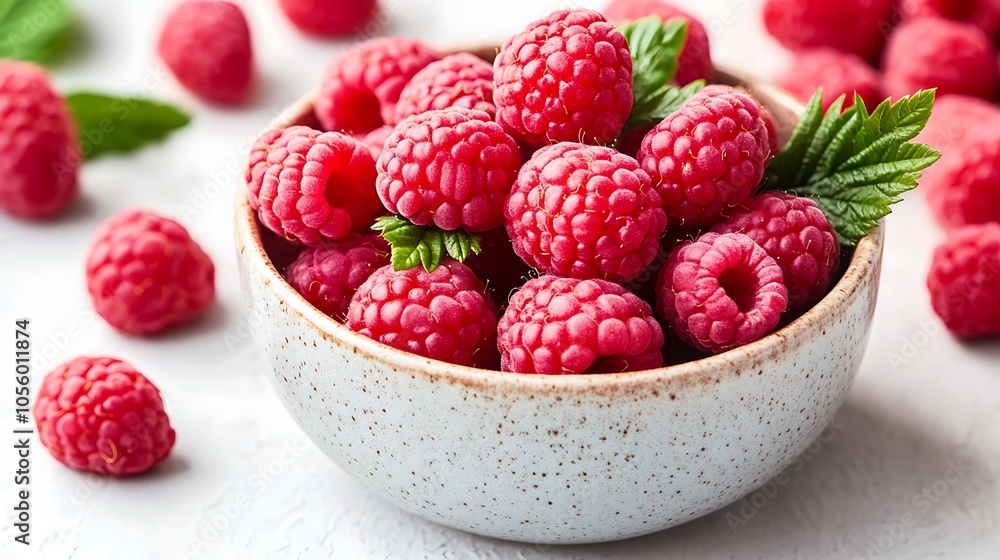 A close-up of juicy, ripe raspberries in a ceramic bowl on a white table A close-up of juicy, ripe raspberries in a ceramic bowl on a white table