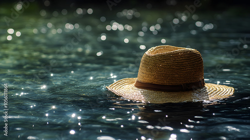 A Beautiful Photograph of an Old Fisherman's Hat Resting on a Gentle River Surface Illuminated by Soft Sunlight in 1885 photo